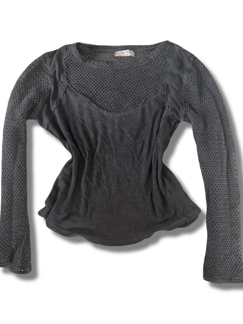 Free People Charcoal Gray Black Mesh Long Sleeve Top Size XS